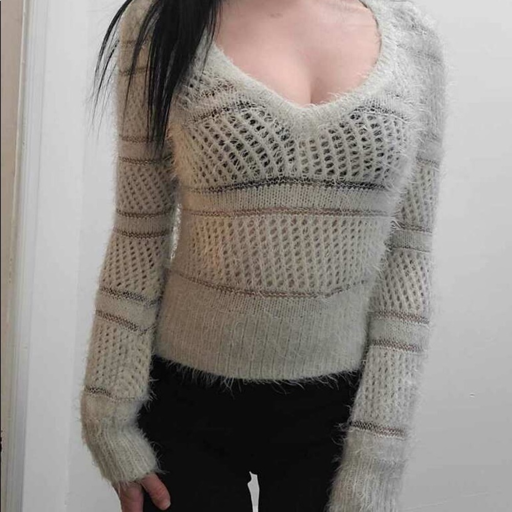 Mint green glass long sleeve v neck fluffy sweater